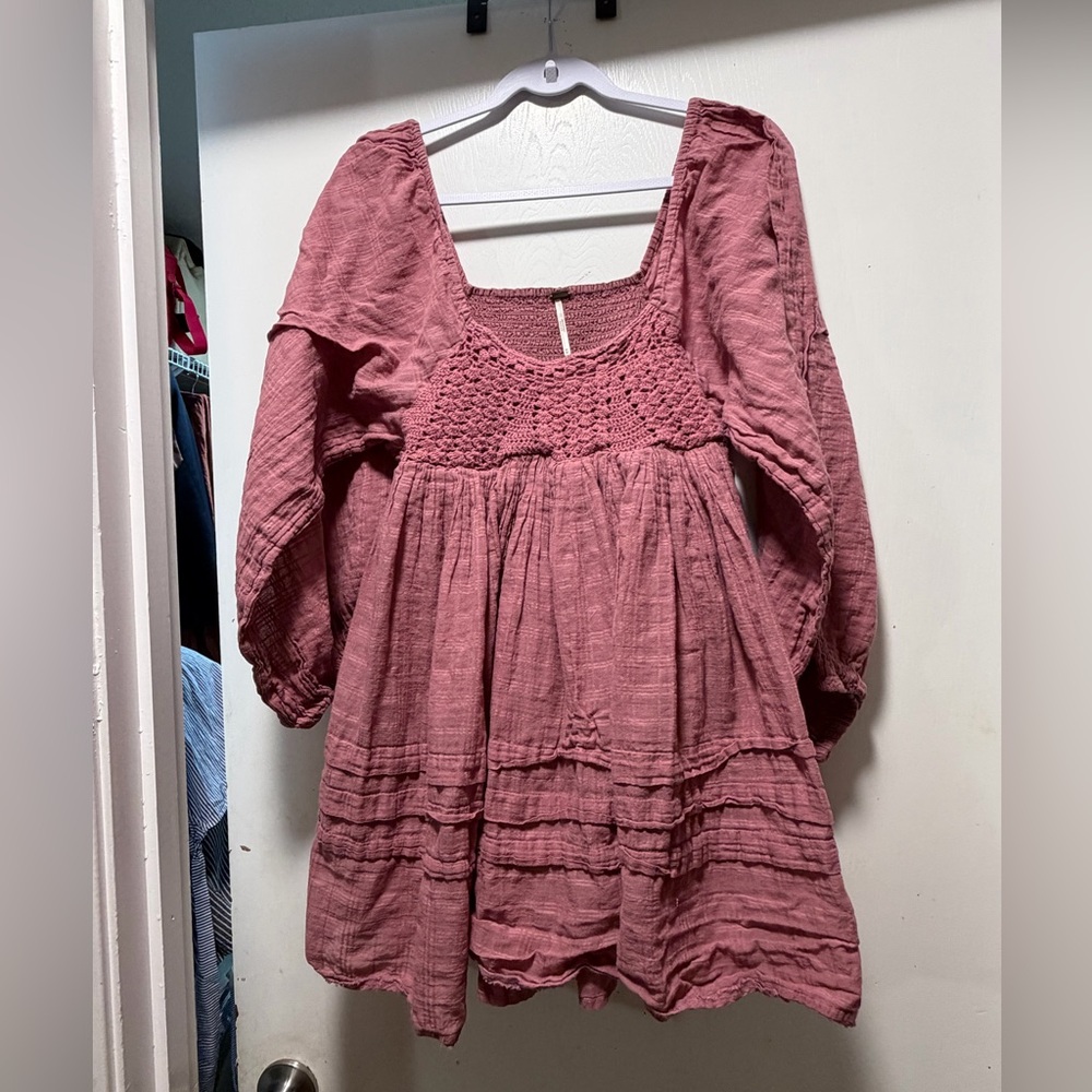 Free People Pink Boho Gauze Crochet Babydoll Mini Dress Size M